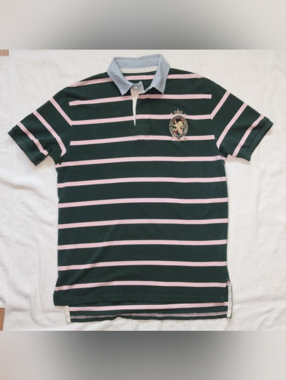 Vintage POLO Ralph Lauren Striped Pink Green Embroidery Oxford Collar Rugby -MED